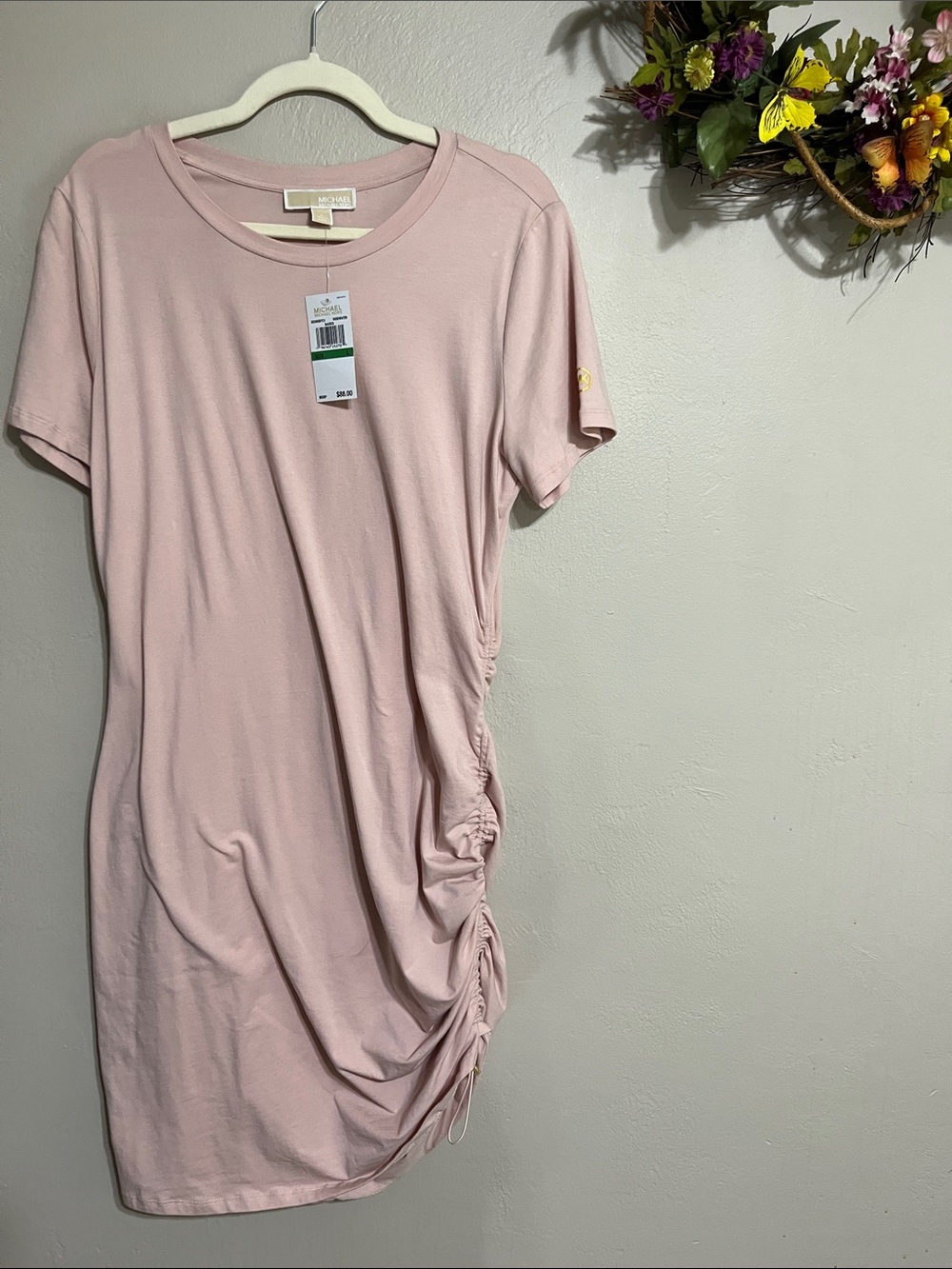Michael Kors Light Blush Side-Ruched Short Sleeve Dress